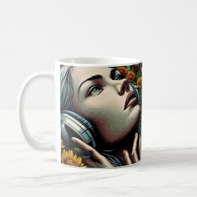 Beautiful Woman with Headphones in Sunflowers Coffee Mug (Left)