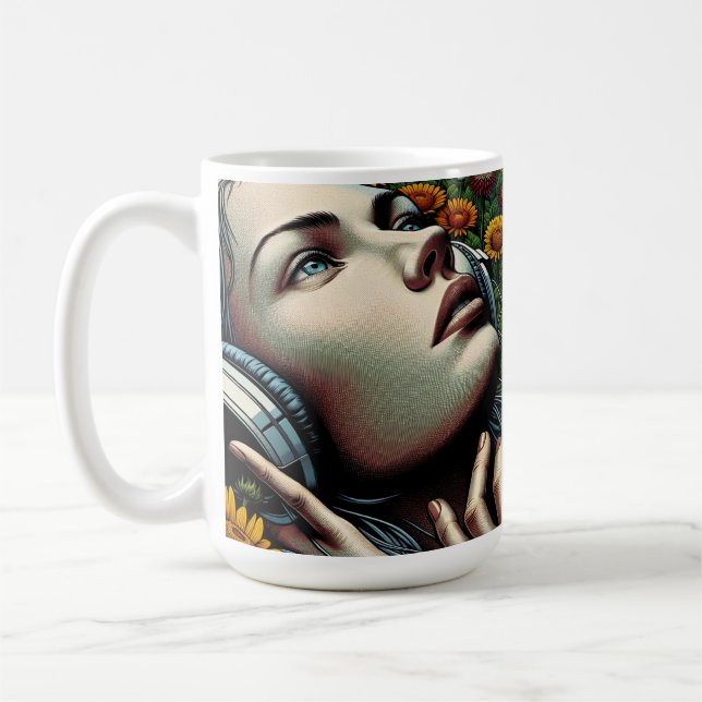 Beautiful Woman with Headphones in Sunflowers Coffee Mug (Left)