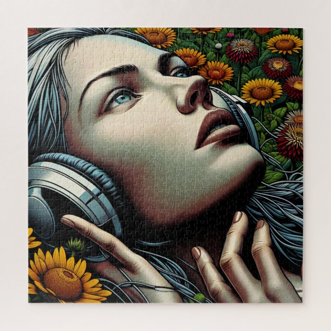 Beautiful Woman with Headphones in Sunflowers Jigsaw Puzzle (Vertical)