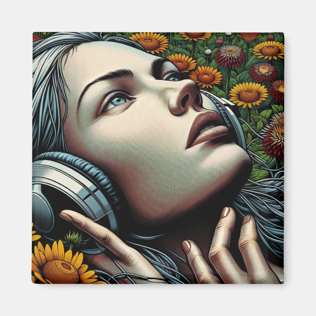 Beautiful Woman with Headphones in Sunflowers Magnet (Front)
