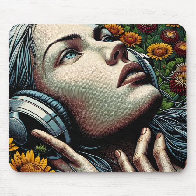 Beautiful Woman with Headphones in Sunflowers Mouse Mat (Front)