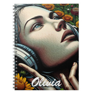Beautiful Woman with Headphones in Sunflowers Notebook