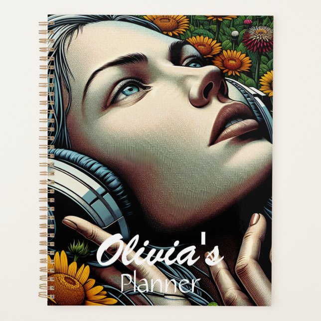 Beautiful Woman with Headphones in Sunflowers Planner (Front)