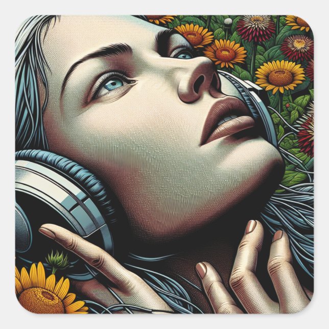 Beautiful Woman with Headphones in Sunflowers Square Sticker (Front)