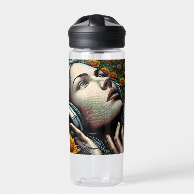 Beautiful Woman with Headphones in Sunflowers Water Bottle (Front)