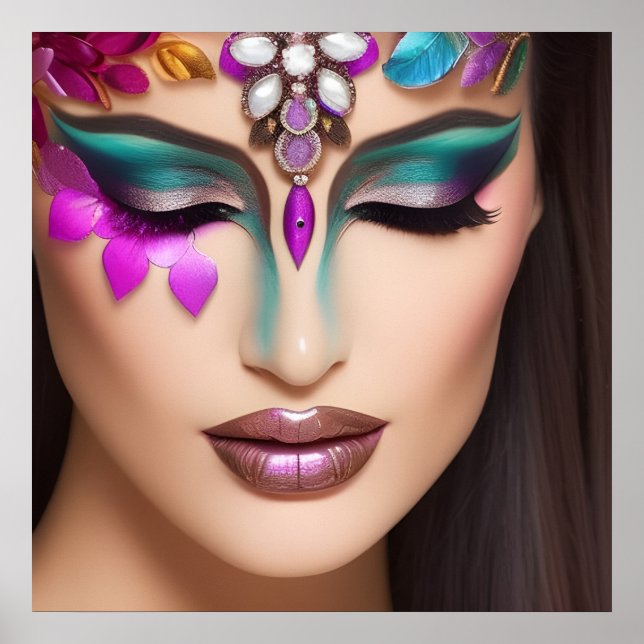 Beautiful Woman with Jewelled Face Makeup Poster (Front)