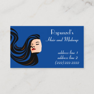 Beautiful Woman with Long Hair and Makeup Blue Business Card