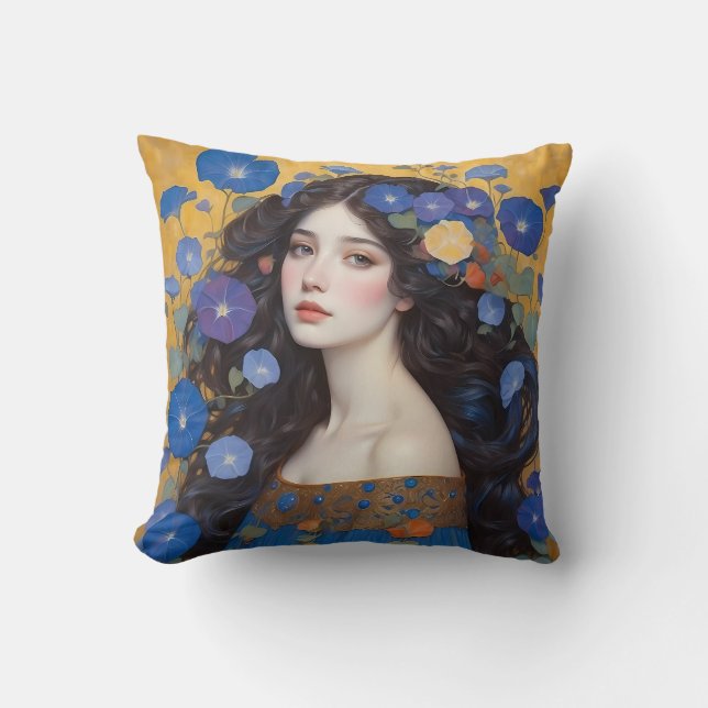 Beautiful Woman With Morning Glories  Cushion (Front)