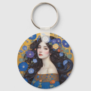 Beautiful Woman With Morning Glories Key Ring