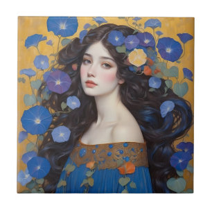 Beautiful Woman With Morning Glories Tile