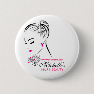 Beautiful woman with pink earrings branding 6 cm round badge