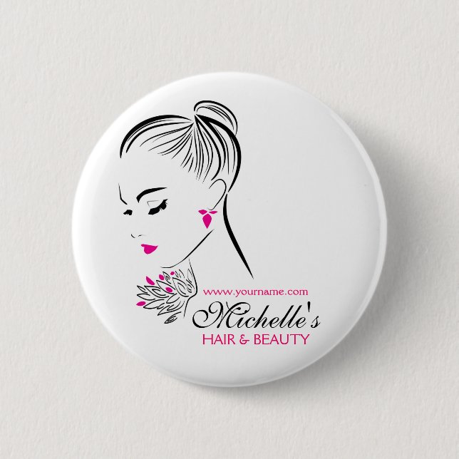 Beautiful woman with pink earrings branding 6 cm round badge (Front)