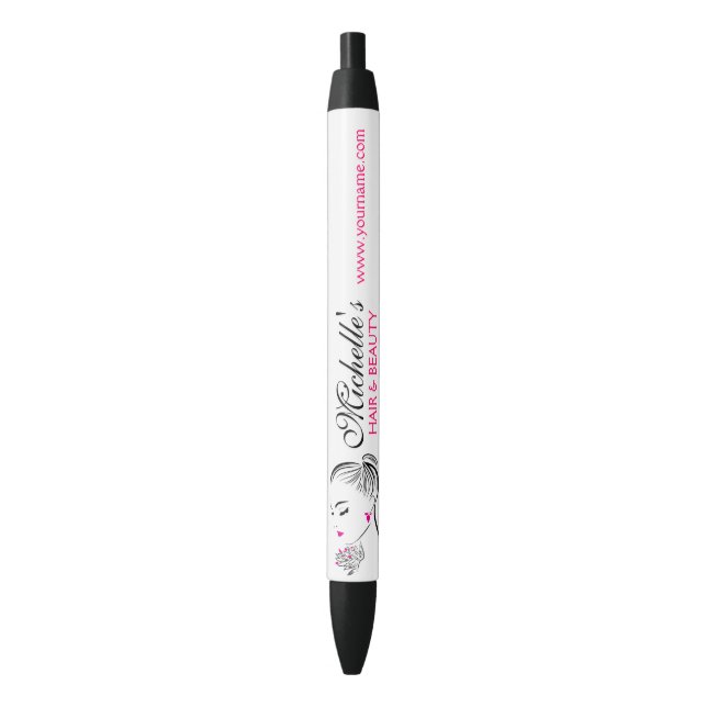 Beautiful woman with pink earrings branding black ink pen (Front Vertical)