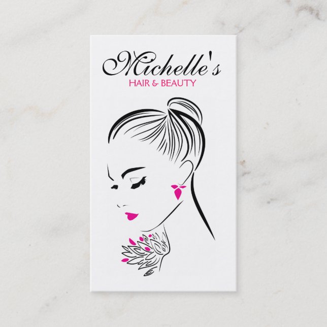 Beautiful woman with pink earrings branding business card (Front)