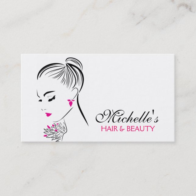 Beautiful woman with pink earrings branding business card (Front)