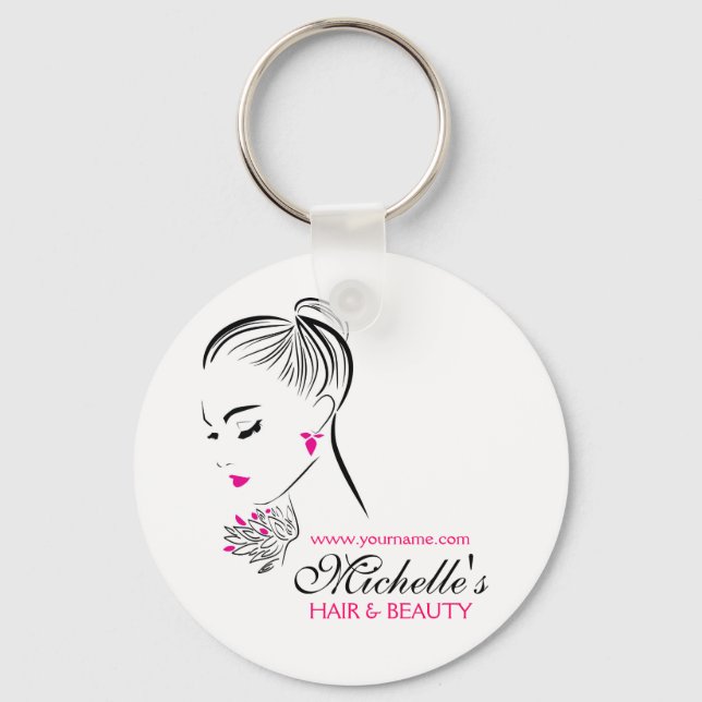 Beautiful woman with pink earrings branding key ring (Front)
