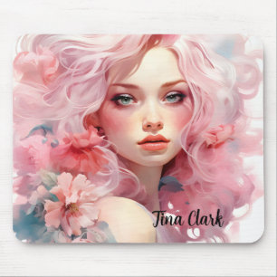 Beautiful Woman with Pink Hair and Pink Dress Mouse Mat