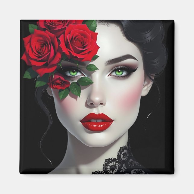 Beautiful Woman with Red Rose Magnet (Front)