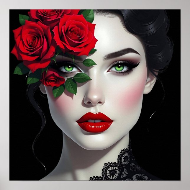 Beautiful Woman with Red Rose Poster (Front)