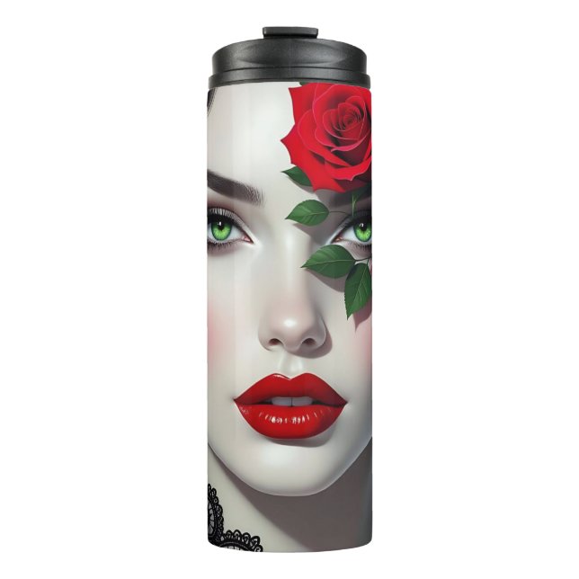 Beautiful Woman with Red Rose Thermal Tumbler (Front)