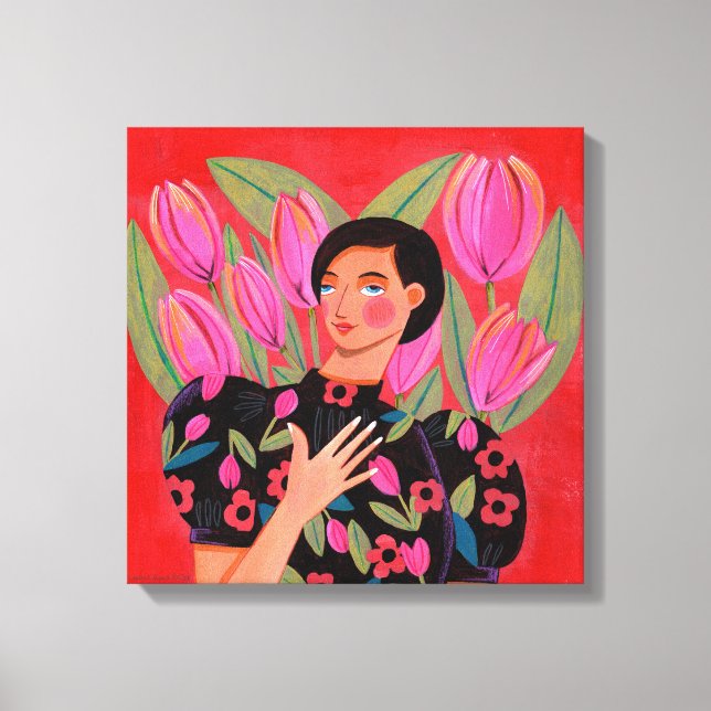 Beautiful woman with tulip heart Valentine's Day Canvas Print (Front)