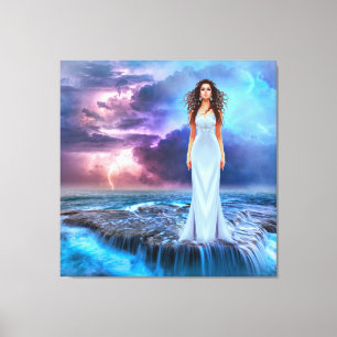 Beautiful Women Standing on Ocean Rock  Canvas Print