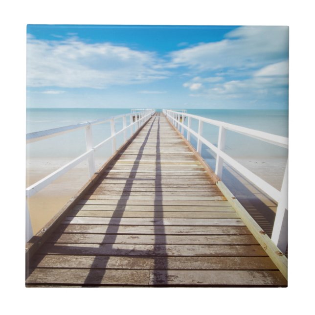 Beautiful Wood Pier, Dock, Beach, Ocean Blue Sky Tile (Front)