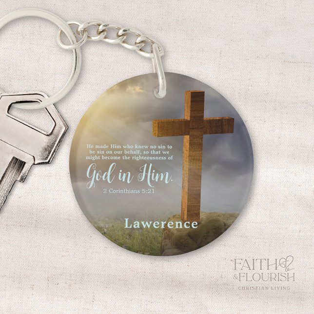 Beautiful Wooden Cross Scripture Personalised Key Ring (Creator Uploaded)