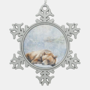 Beautiful Woodland Animals Sleeping Bear Snowflake Pewter Christmas Ornament