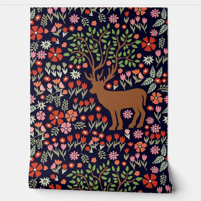 Beautiful Woodland Pattern Wildflowers Reindeer Wallpaper (Unrolling)