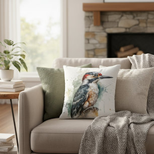 Beautiful woodpecker sitting on a wooden pole cushion