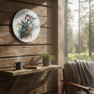 Beautiful woodpecker sitting on a wooden pole large clock