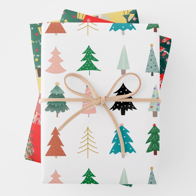 Beautiful Xmas pattern trees santa red white green Wrapping Paper Sheet (In situ)