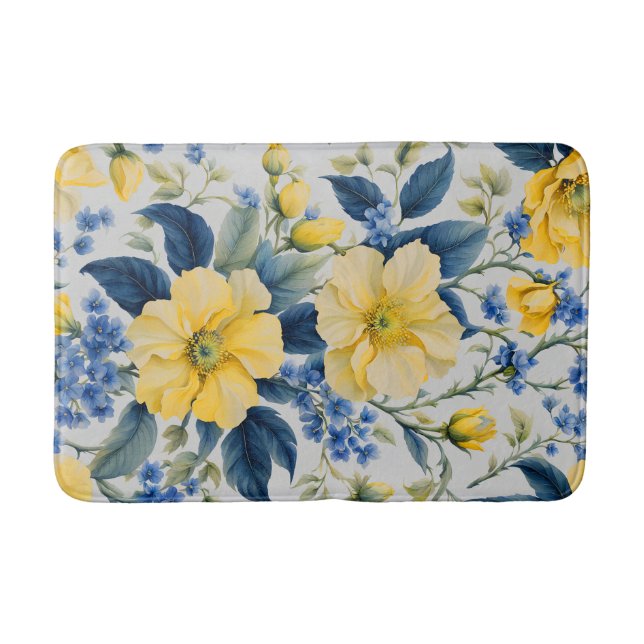 Beautiful Yellow and Blue Flowers Bath Mat (Front)