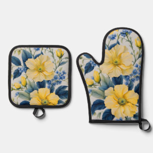 Beautiful Yellow and Blue Flowers Oven Mitt & Pot Holder Set