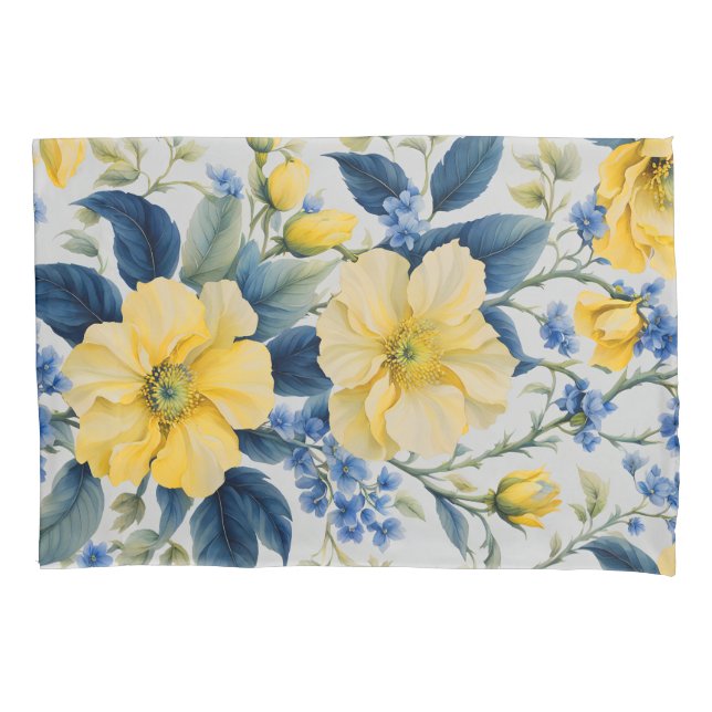 Beautiful Yellow and Blue Flowers Pillowcase (Front-Left)