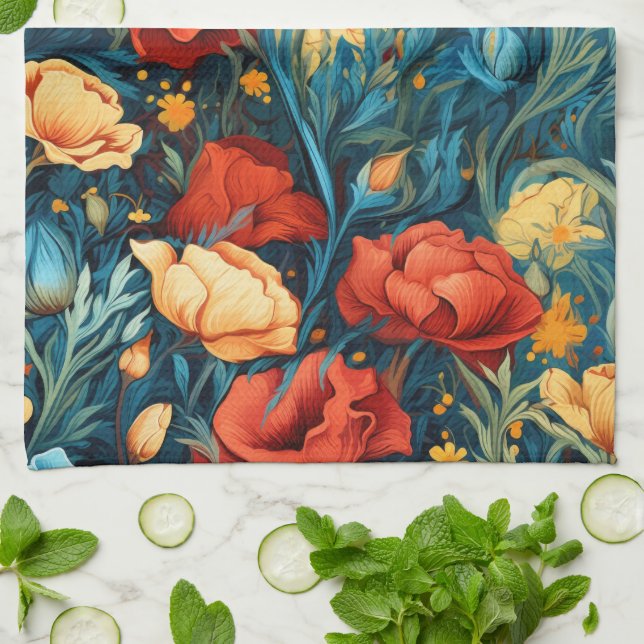 Beautiful Yellow and Red Flowers Botanical Print Tea Towel (Folded)