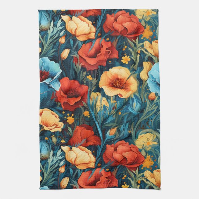Beautiful Yellow and Red Flowers Botanical Print Tea Towel (Vertical)