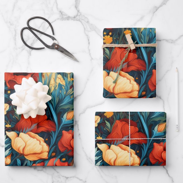 Beautiful Yellow and Red Flowers Botanical Print Wrapping Paper Sheet (Front)