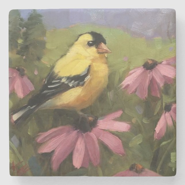 Beautiful Yellow Bird Fine Art Stone Coaster (Front)