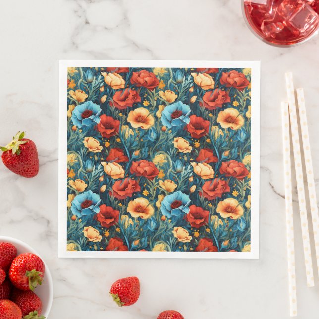 Beautiful Yellow Blue and Red Flowers Pattern Napkin (Insitu)