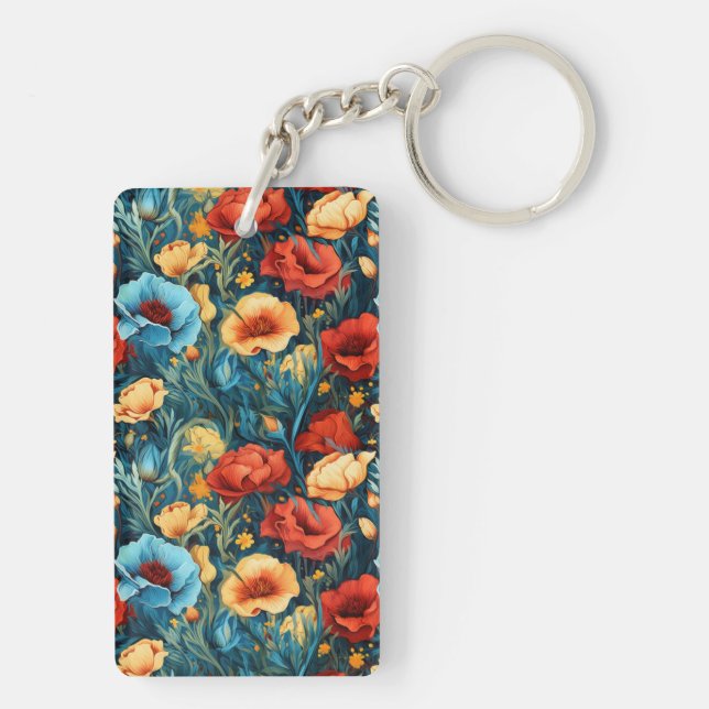 Beautiful Yellow Blue and Red Flowers Two-sided Key Ring (Back)