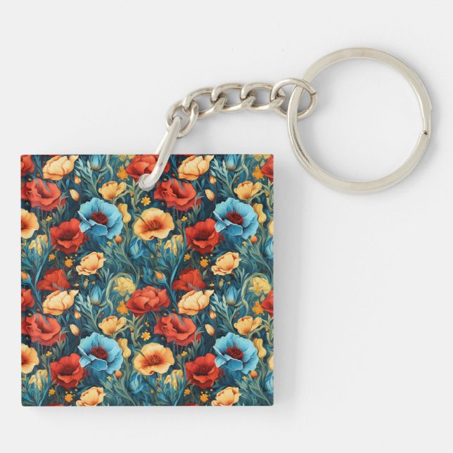 Beautiful Yellow Blue and Red Flowers Two-sided Key Ring (Back)