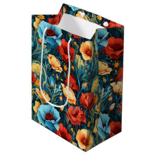Beautiful Yellow Blue and Red Flowers Wine, Small, Medium Gift Bag