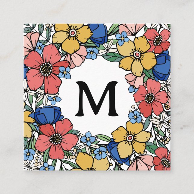Beautiful Yellow Blue Coral Floral Monogram Square Business Card (Front)