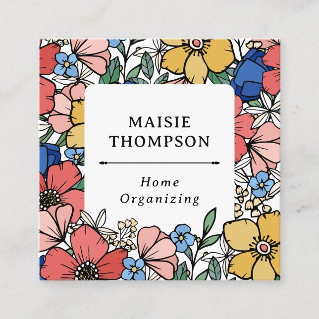 Beautiful Yellow Blue Coral Floral Pattern Square Business Card (Front)