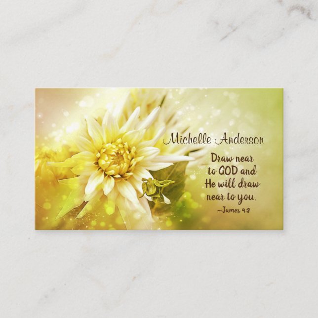 Beautiful Yellow Dahlia and Bible Verse James 4:8, Business Card (Front)