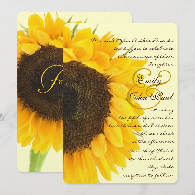 Beautiful Yellow Elegance Sunflower Wedding  Invitation (Front/Back)
