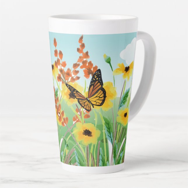 Beautiful Yellow Flowers Blue Sky and Butterfly  Latte Mug (Right Angle)