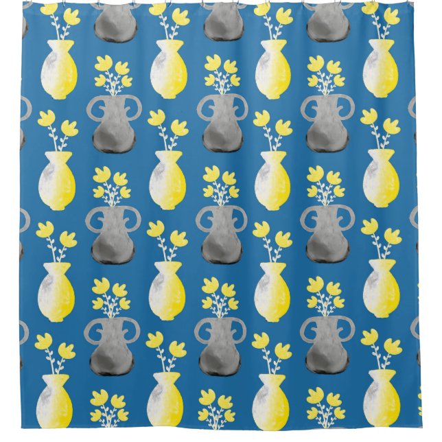 Beautiful Yellow Flowers in Black and Yellow Pots  Shower Curtain (Front)